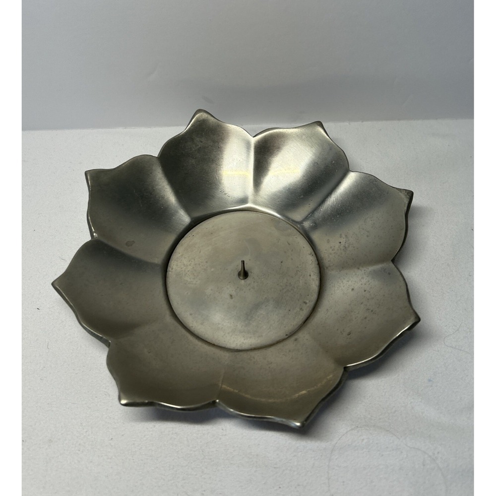 Vintage Embossed on back Silver Lotus Flower Candle Holder Leaves Decorative G26